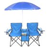 Double Folding Picnic Chairs w/Umbrella Mini Table Beverage Holder Carrying Bag for Beach Patio Pool Park Outdoor Portable Camping Chair (Blue)