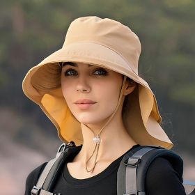 Wide Brim Shawl Ponytail Bucket Hat For Women; Outdoor Fishing Hiking UV Protection Bonnet (Color: 3# Khaki)