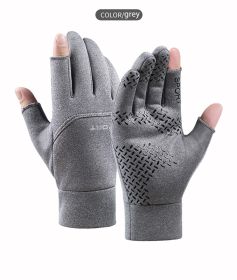 Winter Fishing Gloves Women Men Universal Keep Warm Fishing Protection Anti-slip Gloves 2 Cut Fingers Outdoor Angling (Color: Gray)