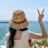 Women's Straw Sun Hat Floral Woven Bucket Hat Fishing Hat Beach Hat Hand Woven Foldable Cap